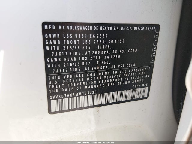Aukcja sprzedaży 2021 Volkswagen Tiguan, vin: 3VV3B7AX5MM133739, numer aukcji: 44850307