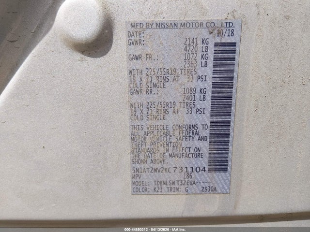 Aukcja sprzedaży 2019 Nissan Rogue Sl, vin: 5N1AT2MV2KC731104, numer aukcji: 44850312