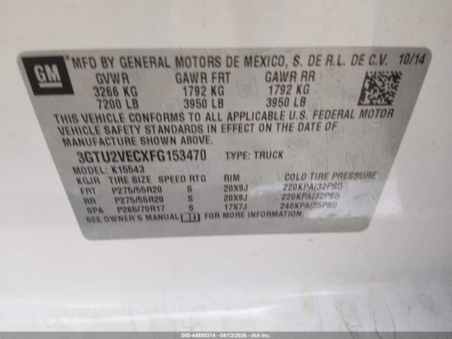 2015 Gmc Sierra 1500 Slt მანქანა იყიდება აუქციონზე, vin: 3GTU2VECXFG153470, აუქციონის ნომერი: 44850314