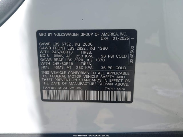 44850318 :رقم المزاد ، 1V2DR2CA5SC525806 vin ، 2025 Volkswagen Atlas 2.0t Se مزاد بيع