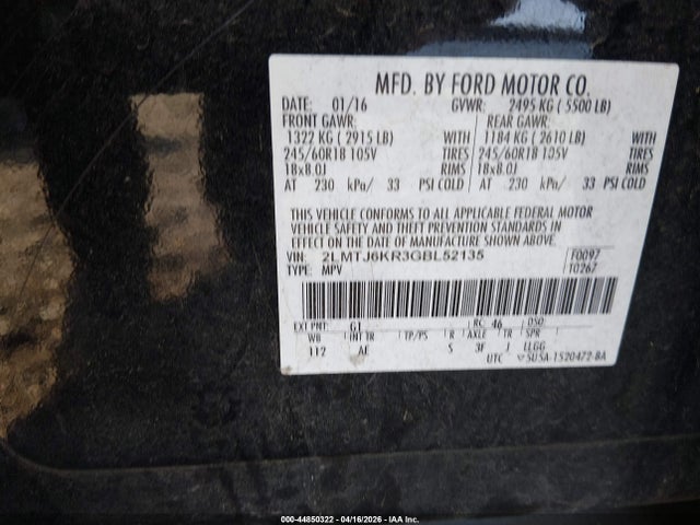 2016 Lincoln Mkx Select მანქანა იყიდება აუქციონზე, vin: 2LMTJ6KR3GBL52135, აუქციონის ნომერი: 44850322