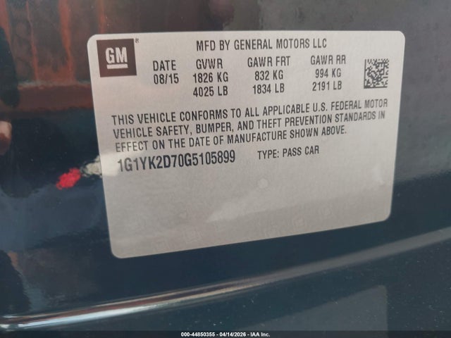 Продаж на аукціоні авто 2016 Chevrolet Corvette Stingray Z51, vin: 1G1YK2D70G5105899, номер лоту: 44850355