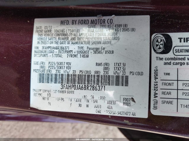 2011 FORD FUSION 3FAHP0JA6BR286371 Photo 8