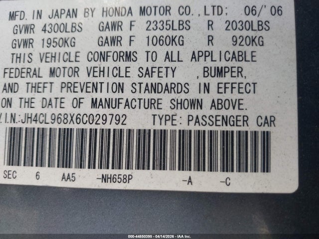 Aukcja sprzedaży 2006 Acura Tsx, vin: JH4CL968X6C029792, numer aukcji: 44850395