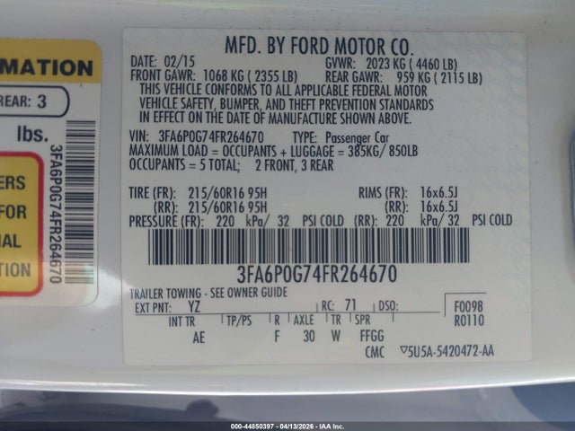 Ford FUSION S 2015 3FA6P0G74FR264670 Image 9