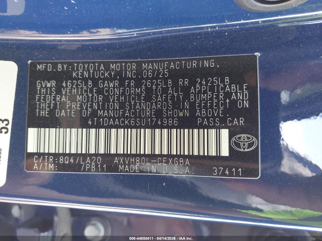 2025 Toyota Camry Xle მანქანა იყიდება აუქციონზე, vin: 4T1DAACK6SU174986, აუქციონის ნომერი: 44850411