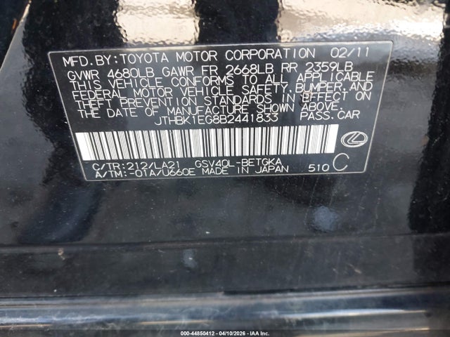 Aukcja sprzedaży 2011 Lexus Es 350, vin: JTHBK1EG8B2441833, numer aukcji: 44850412
