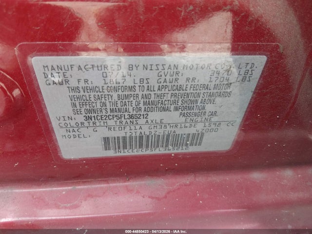44850423 :رقم المزاد ، 3N1CE2CP5FL365212 vin ، 2015 Nissan Versa Note Sv مزاد بيع