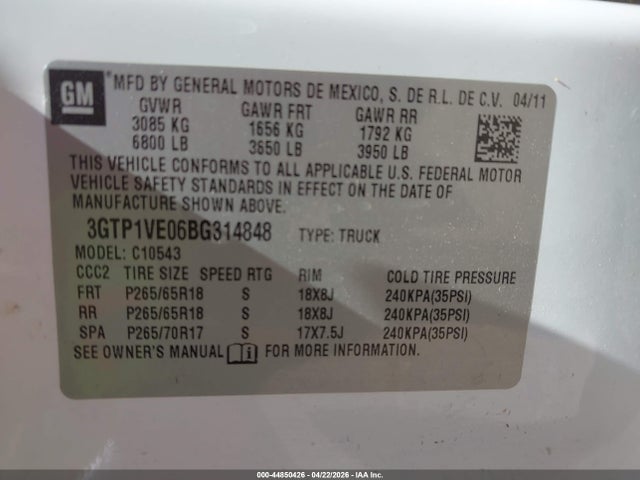 Aukcja sprzedaży 2011 Gmc Sierra 1500 Sle, vin: 3GTP1VE06BG314848, numer aukcji: 44850426