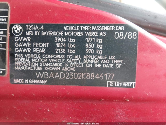 Aukcja sprzedaży 1989 Bmw 325 I Automatic, vin: WBAAD2302K8846177, numer aukcji: 44850443