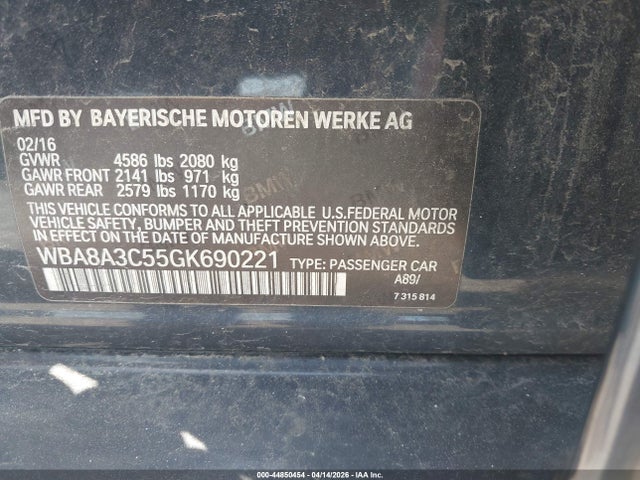 Aukcja sprzedaży 2016 Bmw 320i Xdrive, vin: WBA8A3C55GK690221, numer aukcji: 44850454