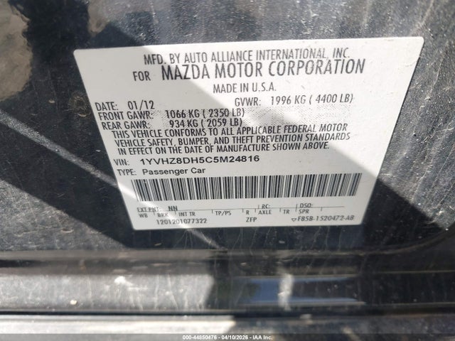 Aukcja sprzedaży 2012 Mazda Mazda6, vin: 1YVHZ8DH5C5M24816, numer aukcji: 44850476