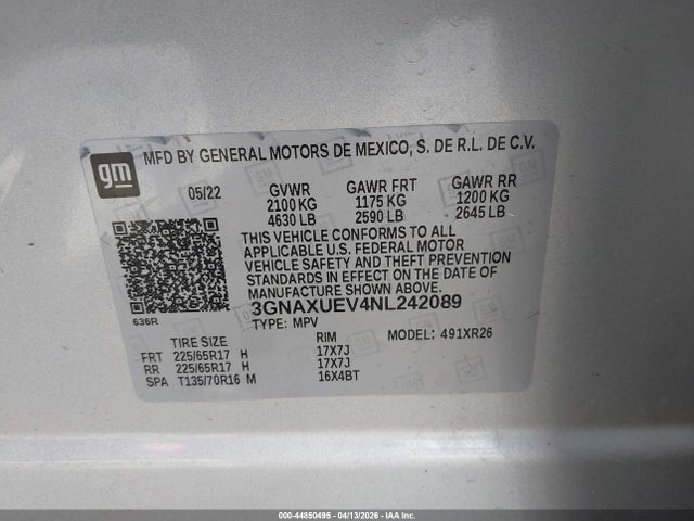 44850495 :رقم المزاد ، 3GNAXUEV4NL242089 vin ، 2022 Chevrolet Equinox Awd Lt مزاد بيع