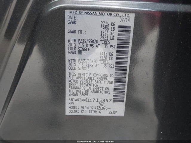 44850499 :رقم المزاد ، 5N1AR2MM1EC715857 vin ، 2014 Nissan Pathfinder Platinum مزاد بيع