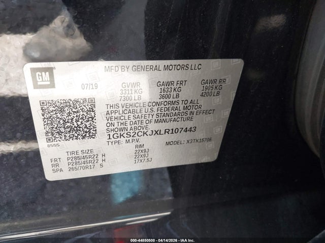 44850500 :رقم المزاد ، 1GKS2CKJXLR107443 vin ، 2020 Gmc Yukon 4wd Denali مزاد بيع