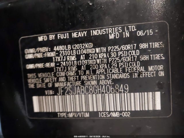 2016 Subaru Forester 2.5i მანქანა იყიდება აუქციონზე, vin: JF2SJABC8GH406849, აუქციონის ნომერი: 44850511