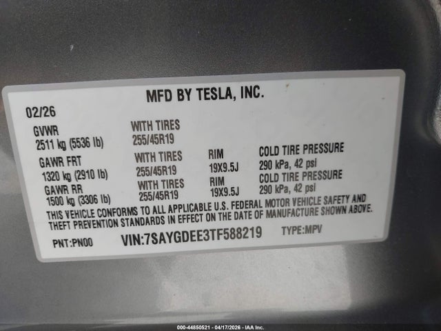 Aukcja sprzedaży 2026 Tesla Model Y All-wheel Drive/long Range Launch Series/premium All-wheel Drive, vin: 7SAYGDEE3TF588219, numer aukcji: 44850521