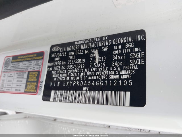 Aukcja sprzedaży 2016 Kia Sorento 3.3l Sx, vin: 5XYPKDA54GG112105, numer aukcji: 44850530