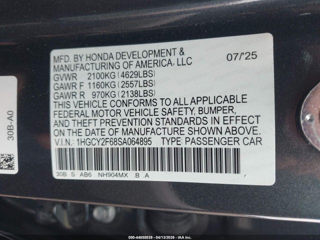 Продаж на аукціоні авто 2025 Honda Accord Hybrid Ex-l, vin: 1HGCY2F68SA064895, номер лоту: 44850539