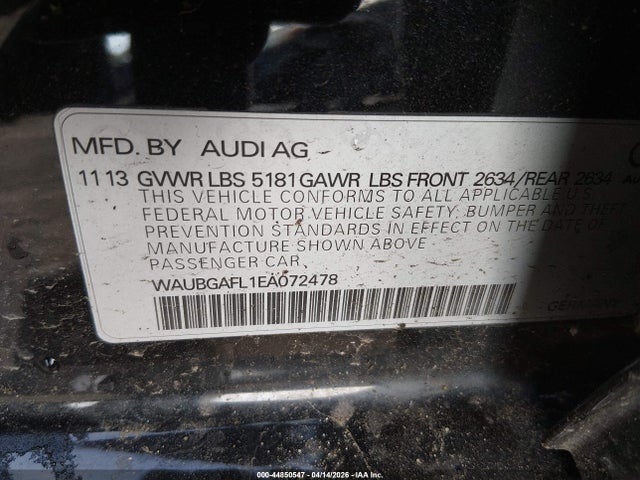 44850547 :رقم المزاد ، WAUBGAFL1EA072478 vin ، 2014 Audi S4 3.0t Premium Plus مزاد بيع