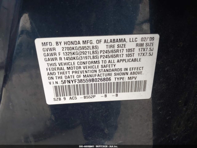 44850561 :رقم المزاد ، 5FNYF38559B026806 vin ، 2009 Honda Pilot Ex-l مزاد بيع
