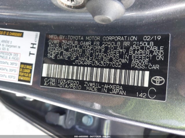 JTDKARFU3K3077032 Toyota Prius Le
