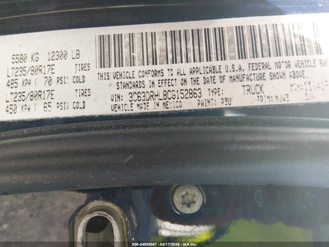 44850567 :رقم المزاد ، 3C63DRHL8CG152863 vin ، 2012 Ram 3500 Slt مزاد بيع