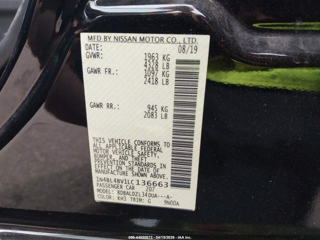 44850573 :رقم المزاد ، 1N4BL4BV1LC136663 vin ، 2020 Nissan Altima S Fwd مزاد بيع