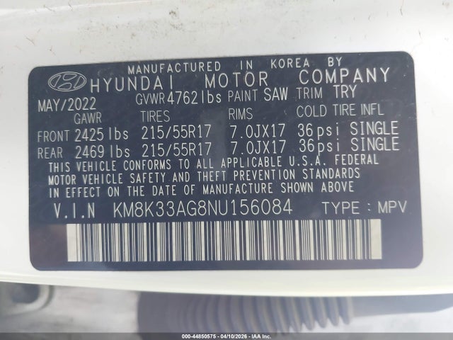 2022 Hyundai Kona Electric Sel მანქანა იყიდება აუქციონზე, vin: KM8K33AG8NU156084, აუქციონის ნომერი: 44850575