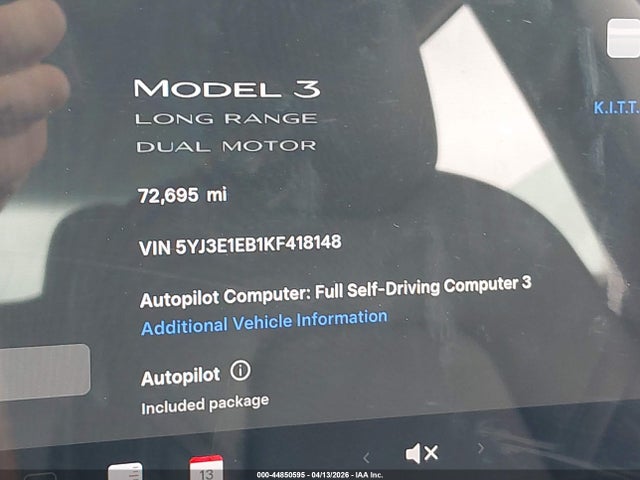 Aukcja sprzedaży 2019 Tesla Model 3 Long Range/performance, vin: 5YJ3E1EB1KF418148, numer aukcji: 44850595
