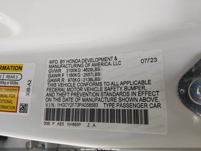 Aukcja sprzedaży 2023 Honda Accord Hybrid Sport-l, vin: 1HGCY2F73PA058583, numer aukcji: 44850597