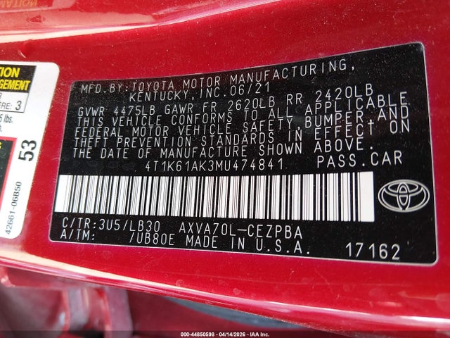 Продажа на аукционе авто 2021 Toyota Camry Xse, vin: 4T1K61AK3MU474841, номер лота: 44850598
