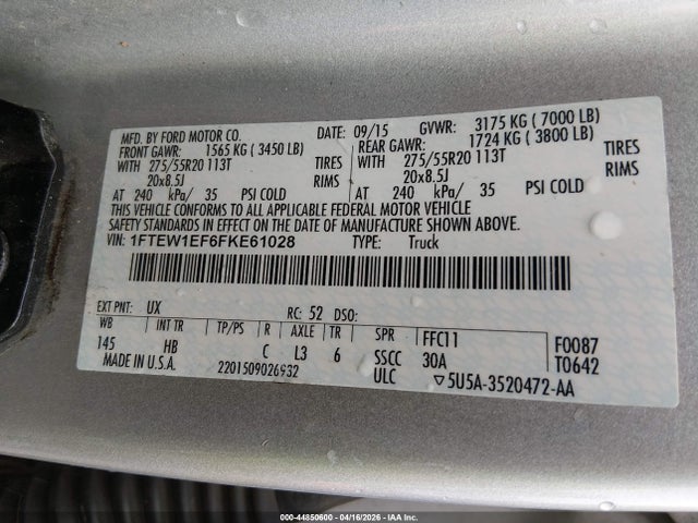 Aukcja sprzedaży 2015 Ford F-150 Lariat, vin: 1FTEW1EF6FKE61028, numer aukcji: 44850600