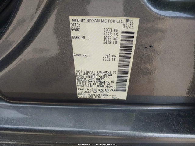 1N4BL4CV2NN389870 Nissan Altima Sr Fwd