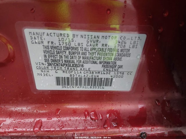 3N1CN7APXGL835316 Nissan Versa 1.6 S+