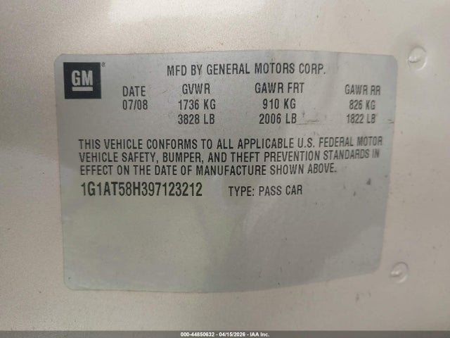 2009 Chevrolet Cobalt Lt მანქანა იყიდება აუქციონზე, vin: 1G1AT58H397123212, აუქციონის ნომერი: 44850632