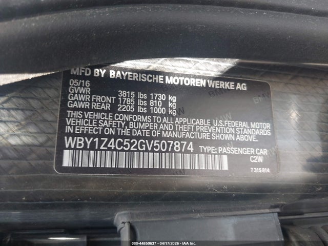 Auction sale of the 2016 Bmw I3 Base W/range Extender, vin: WBY1Z4C52GV507874, lot number: 44850637