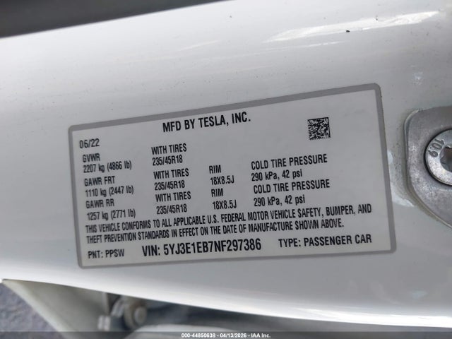 5YJ3E1EB7NF297386 Tesla Model 3 Long Range Dual Motor All-wheel Drive