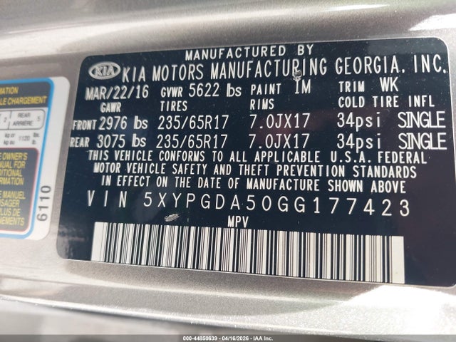 5XYPGDA50GG177423 KIA Sorento 3.3l Lx