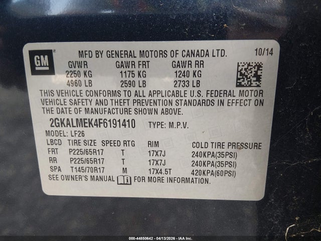 Aukcja sprzedaży 2015 Gmc Terrain Sle-1, vin: 2GKALMEK4F6191410, numer aukcji: 44850642