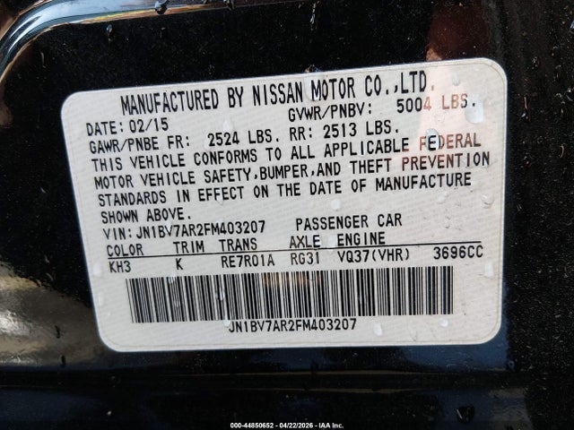 2015 Infiniti Q50 მანქანა იყიდება აუქციონზე, vin: JN1BV7AR2FM403207, აუქციონის ნომერი: 44850652