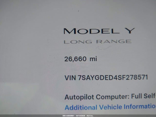 Aukcja sprzedaży 2025 Tesla Model Y Long Range Dual Motor Rear-wheel Drive, vin: 7SAYGDED4SF278571, numer aukcji: 44850661