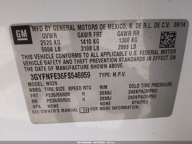 Продажа на аукционе авто 2015 Cadillac Srx Performance Collection, vin: 3GYFNFE36FS546959, номер лота: 44850665