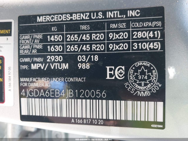 44850673 :رقم المزاد ، 4JGDA6EB4JB120056 vin ، 2018 Mercedes-benz Amg Gle 43 4matic مزاد بيع