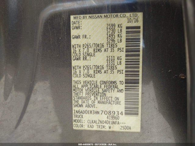Aukcja sprzedaży 2017 Nissan Frontier Sv, vin: 1N6AD0ER3HN708934, numer aukcji: 44850675