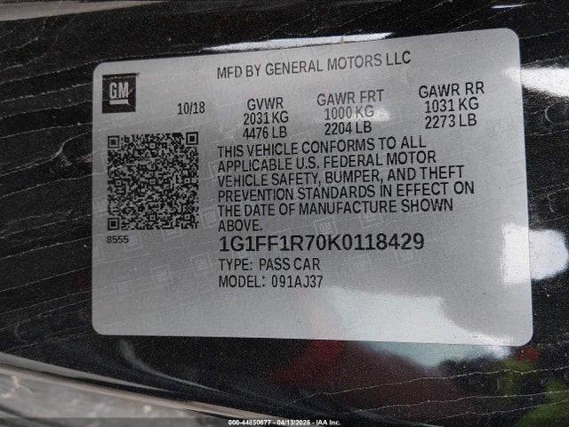Auction sale of the 2019 Chevrolet Camaro 1ss, vin: 1G1FF1R70K0118429, lot number: 44850677