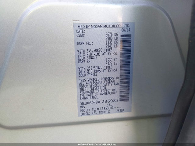 Продажа на аукционе авто 2024 Nissan Pathfinder Platinum Fwd, vin: 5N1DR3DH2RC286983, номер лота: 44850683