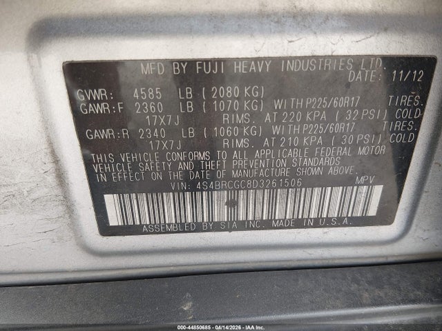 2013 Subaru Outback 2.5i Premium მანქანა იყიდება აუქციონზე, vin: 4S4BRCGC8D3261506, აუქციონის ნომერი: 44850685
