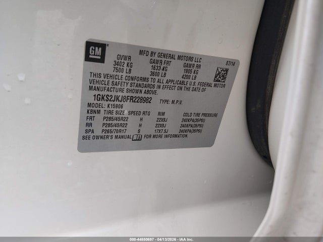 Aukcja sprzedaży 2015 Gmc Yukon Xl 1500 Denali, vin: 1GKS2JKJ8FR228982, numer aukcji: 44850697
