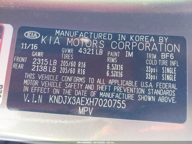 44850698 :رقم المزاد ، KNDJX3AEXH7020755 vin ، 2017 Kia Soul Ev + مزاد بيع